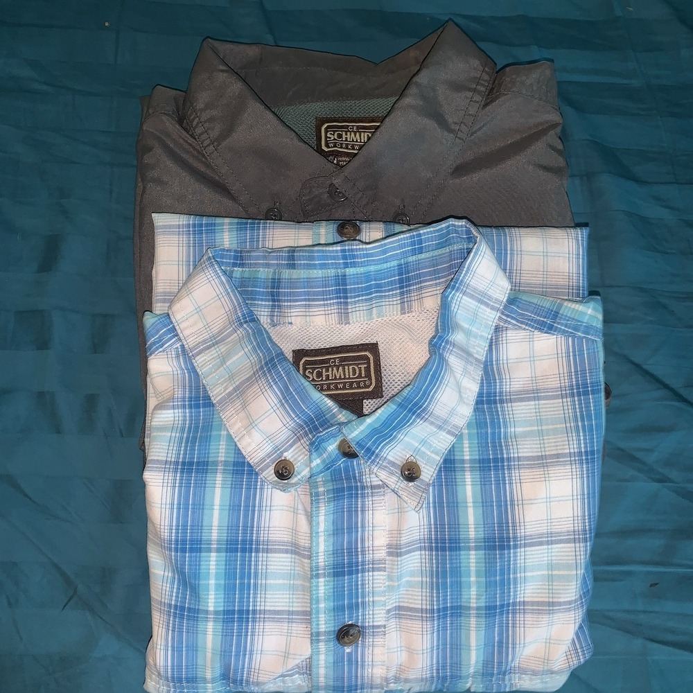 (2)C.E. Schmidt Workwear Blue &‎ Gray SS Collared Shirt Size L Button Down Top